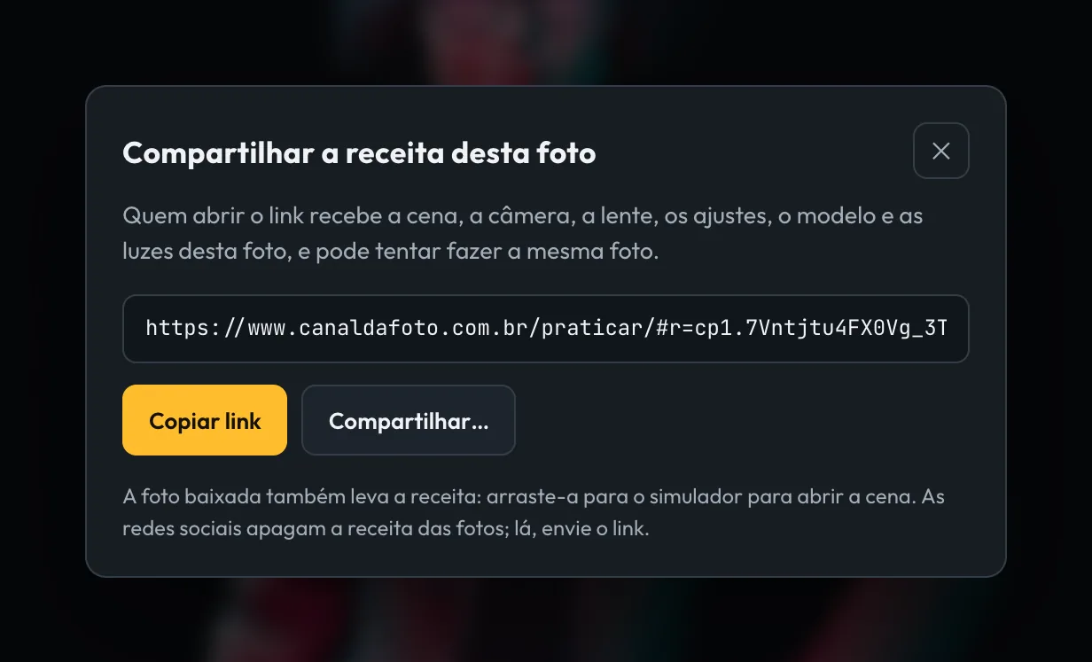 A janela Compartilhar a receita desta foto, em português: o link do simulador do Canal da Foto e os botões Copiar link e Compartilhar