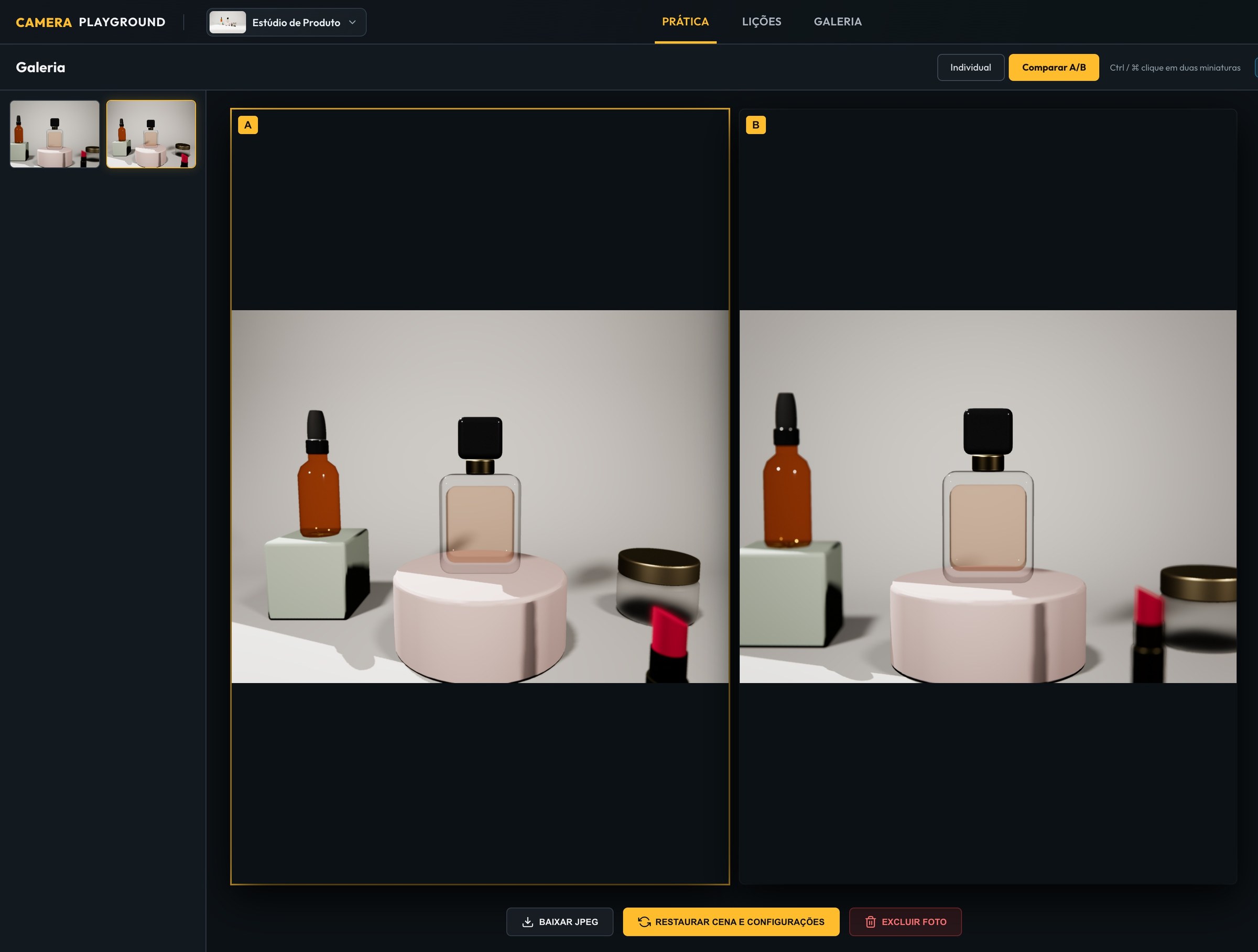 Comparador A/B da Galeria: o mesmo perfume fotografado com a câmera principal de um celular e com uma full frame de 50 mm em f/2.8