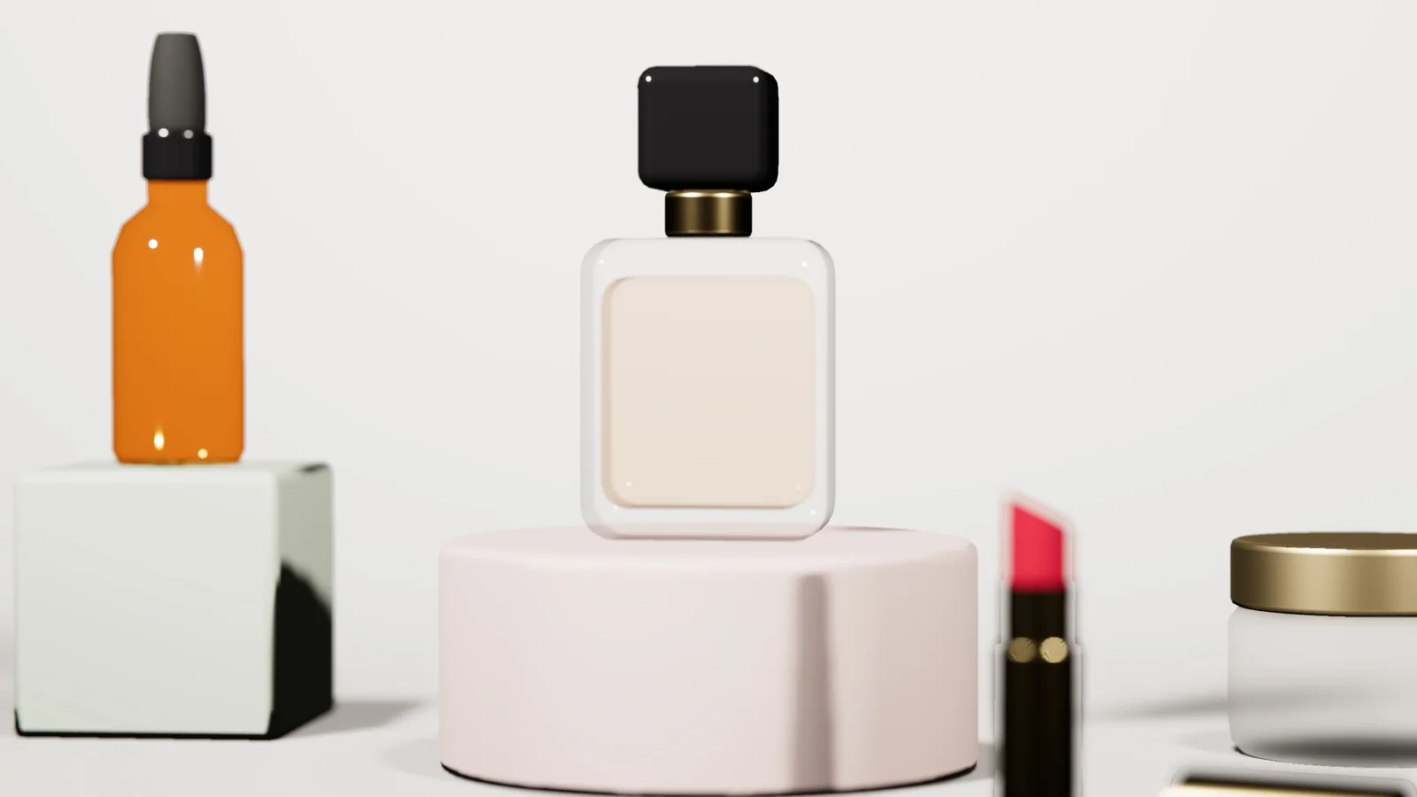 Foto de produto no Estúdio de Produto do simulador do Canal da Foto: frasco de perfume sobre fundo claro, com conta-gotas, batom e pote de creme ao redor