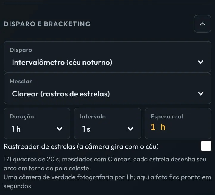 Aba Câmera do simulador: Disparo Intervalômetro, Mesclar Clarear, duração de 1 hora e intervalo de 1 segundo