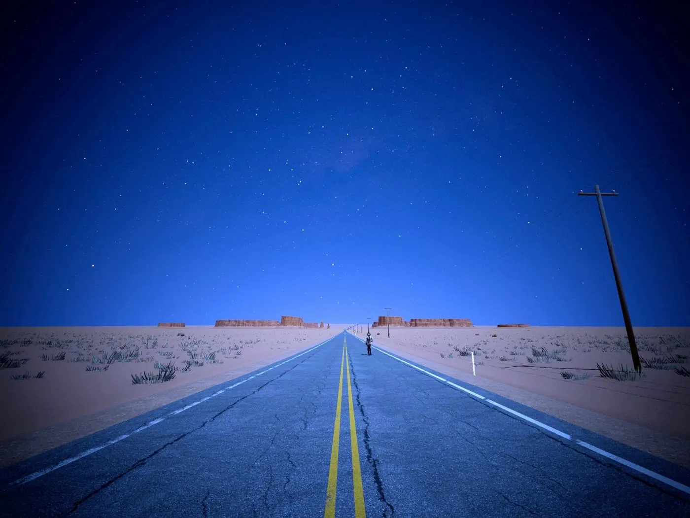 A mesma estrada com Lua cheia: céu azul claro e a Via Láctea sumiu